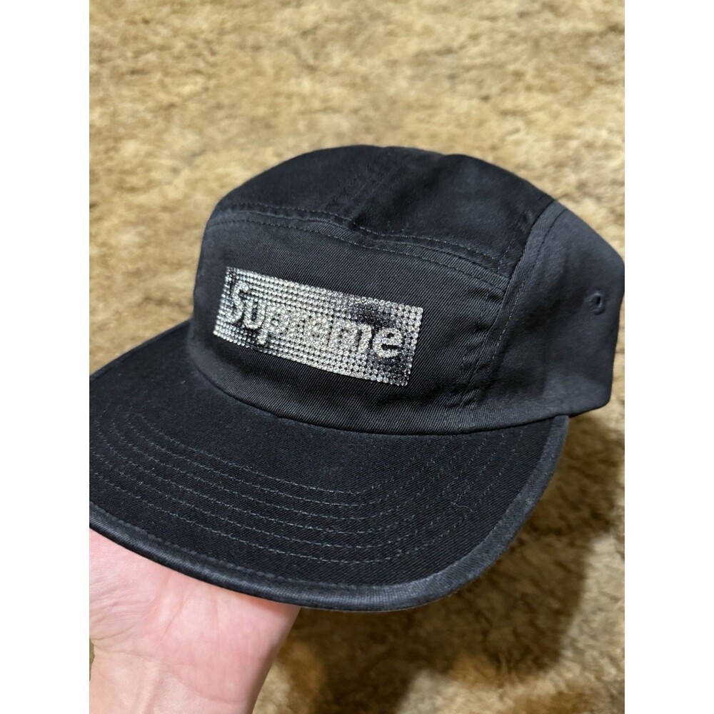 Supreme Rhinestone Label Camp Cap Black New In Hand